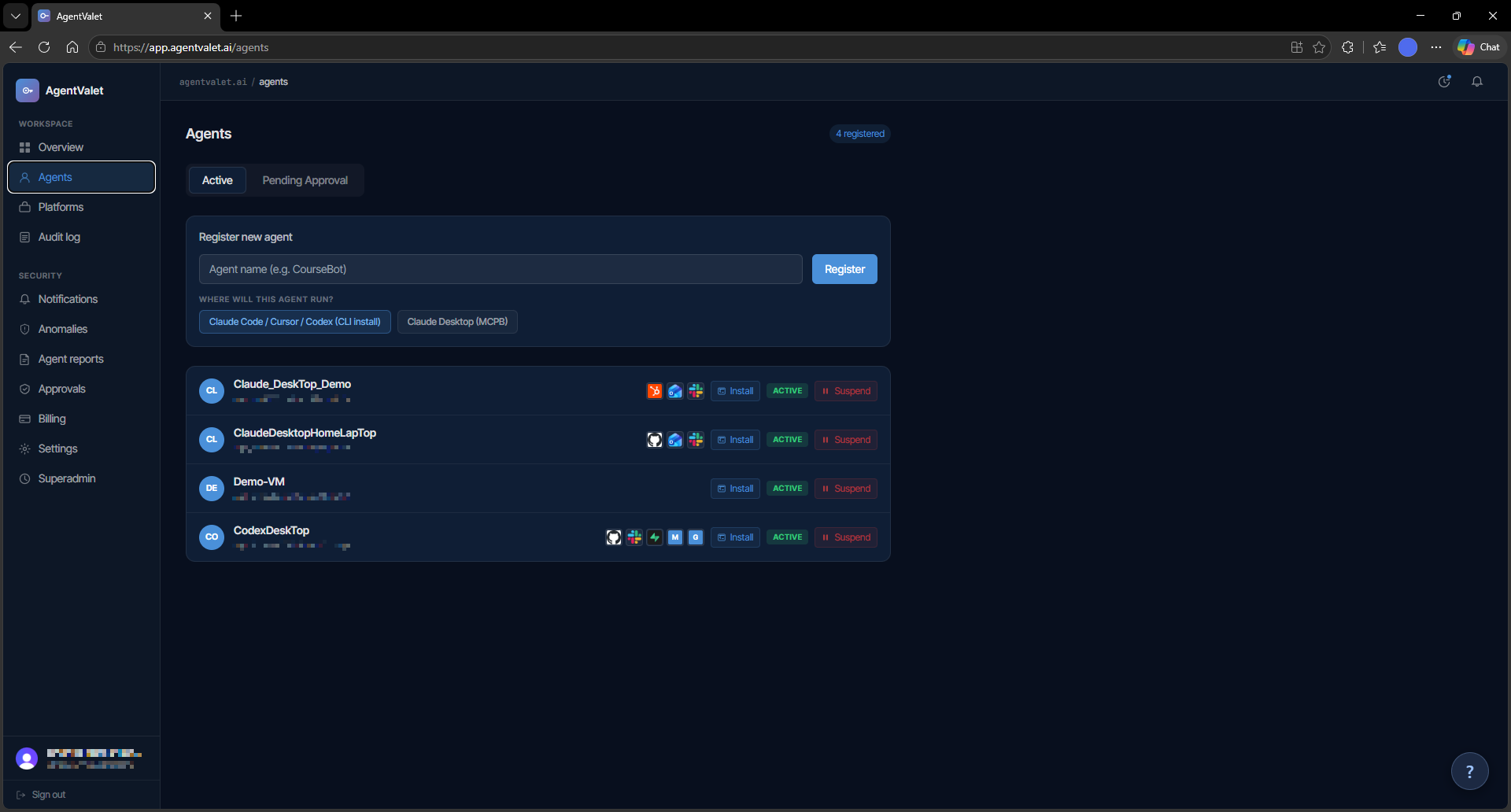 Agents list page with active and pending tabs