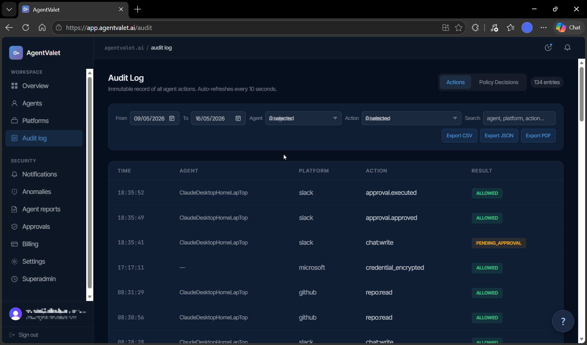 Audit log with date range, agent, and action filters