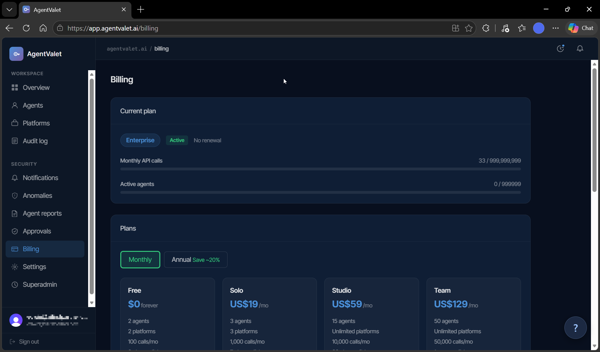Billing page showing plan, usage gauges, and 12-month history