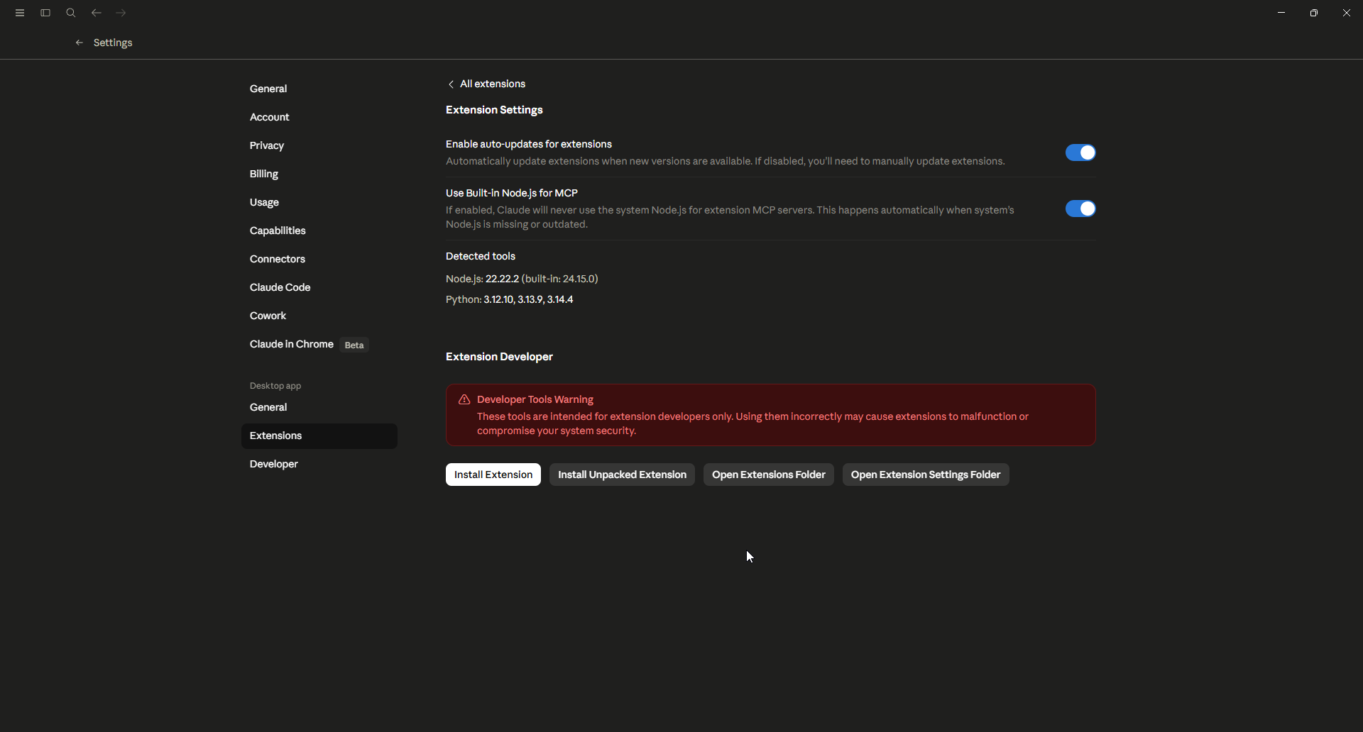 Claude Desktop on Windows 11 — Settings → Extensions → Advanced settings → Install extension