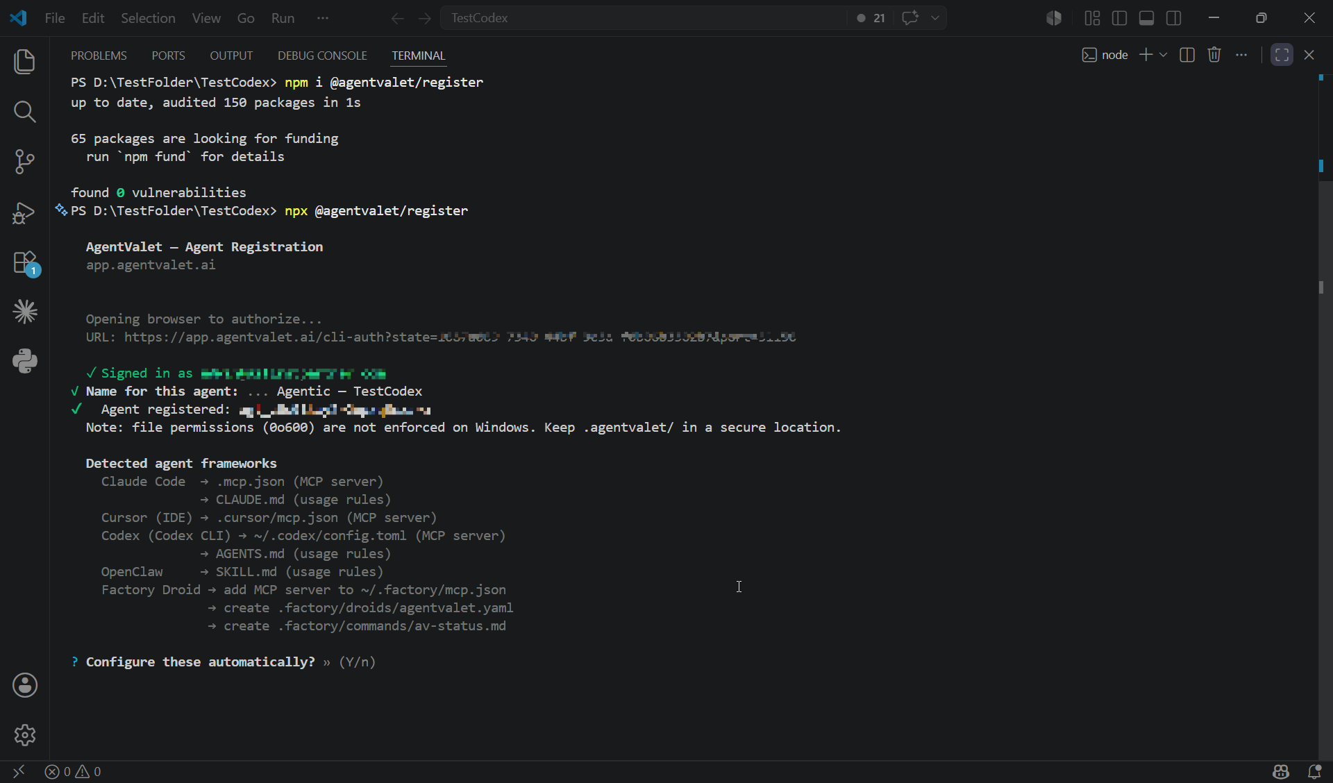 Successful CLI registration output in a terminal