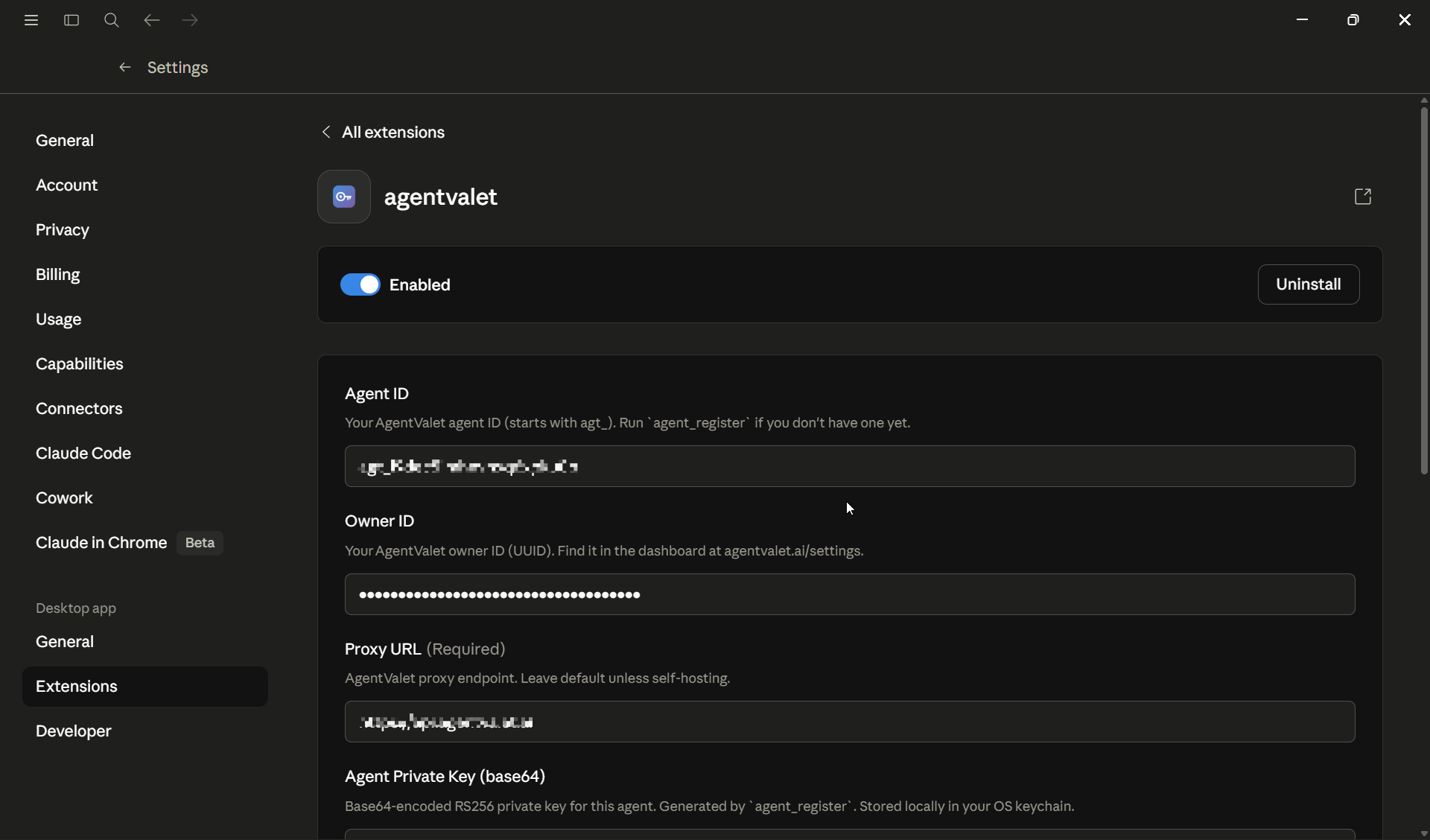 AgentValet extension installed in Claude Desktop