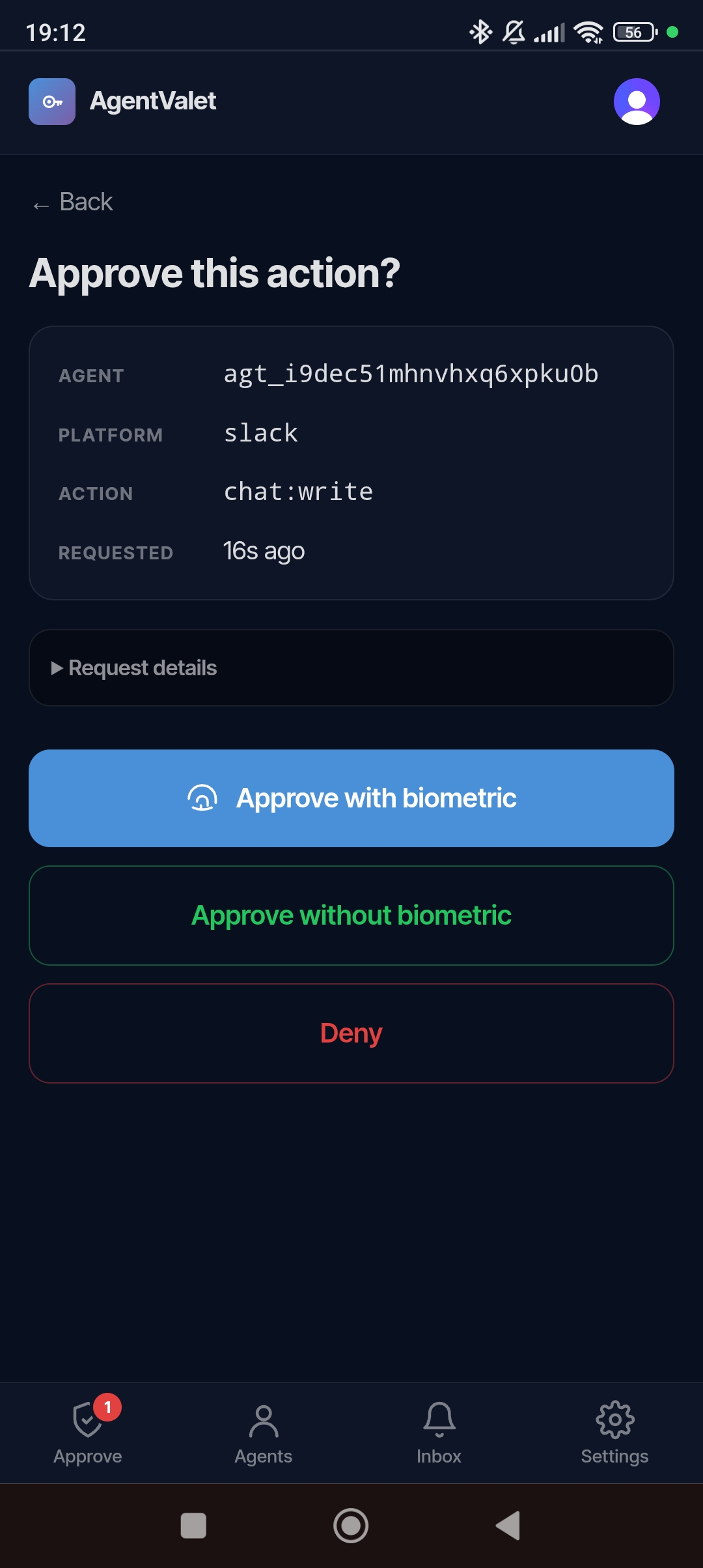 Push notification with approve and deny action buttons